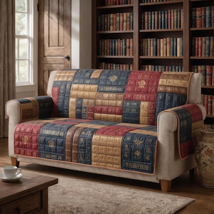 Può includere: Un divano con una fodera trapuntata con un design patchwork di dorsi di libri nei toni del rosso, blu e oro. Il divano ha una struttura di colore neutro ed è ambientato sullo sfondo di una porta in legno e una libreria piena di libri.