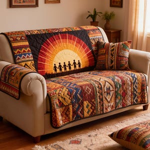 Quilted Sofa Cover Tribal Patchwork Family Sunset Couch Protector Boho Ethnic Living Room Decor