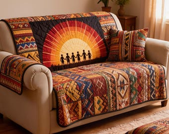 Quilted Sofa Cover Tribal Patchwork Family Sunset Couch Protector Boho Ethnic Living Room Decor