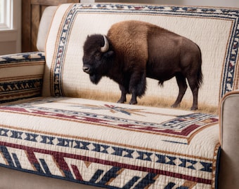 Bison Quilt Sofa Cover Rustic Western Couch Protector Buffalo Wildlife Decor