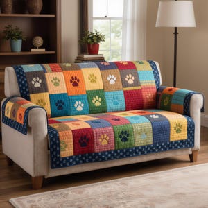 May include: A colorful patchwork sofa cover with paw print designs. The cover features squares of various colors, including blue, yellow, orange, and red, with white and dark blue paw prints. The edges are trimmed with a dark blue fabric.
