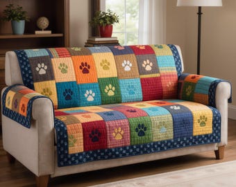 Quilted Sofa Cover Dog Paw Patchwork Couch Protector Soft Cotton Padded Slipcover Pet Lover Home Decor