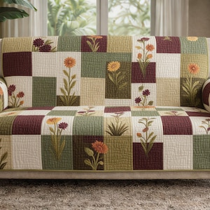 May include: A floral patchwork sofa cover with embroidered flowers in orange, yellow, and purple. The cover is quilted and has a neutral border. The design is suitable for a standard sofa, with measurements in centimetres.