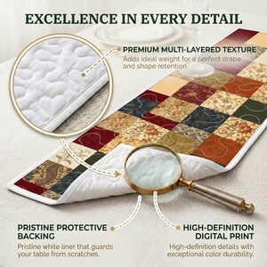 May include: A patchwork table runner in a variety of colours including red, gold, and green. The runner has a white backing and is displayed on a white surface. The image includes the text "Excellence in Every Detail".