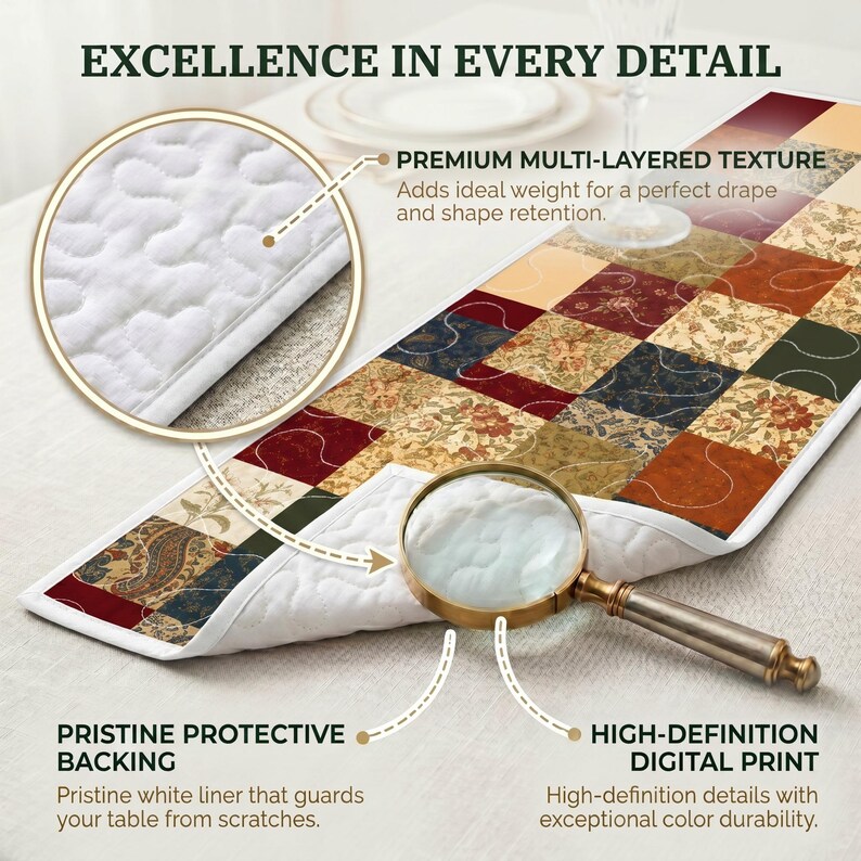 May include: A patchwork table runner in a variety of colours including red, gold, and green. The runner has a white backing and is displayed on a white surface. The image includes the text "Excellence in Every Detail".