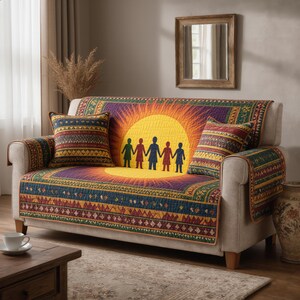 Quilted Sofa Cover Family Silhouette Sunset Couch Protector Ethnic Pattern Boho Living Room Decor
