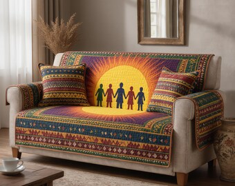 Quilted Sofa Cover Family Silhouette Sunset Couch Protector Ethnic Pattern Boho Living Room Decor