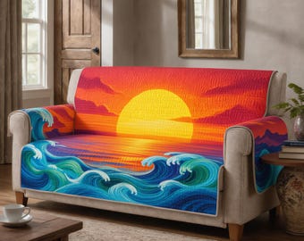 Quilted Sofa Cover Ocean Sunset Waves Couch Protector Soft Cotton Padded Slipcover Coastal Beach Home Decor