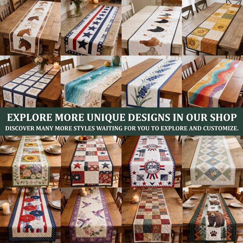 May include: A selection of table runners with diverse patterns, such as horses, stars, chickens, and floral motifs. The image includes the text "EXPLORE MORE UNIQUE DESIGNS IN OUR SHOP".