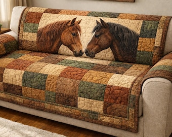 Horse Lovers Quilted Sofa Cover, Rustic Couch Protector, Western Home Decor, Animal Print Throw, Nature-Inspired Patchwork Sofa Cover