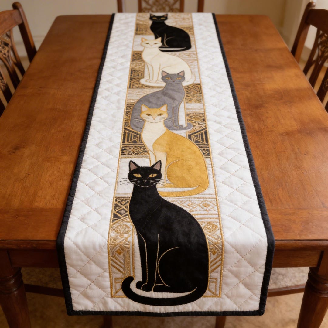 Black Cat Quilted Table Runner, Luxury Cat Art Dining Decor, Elegant ...