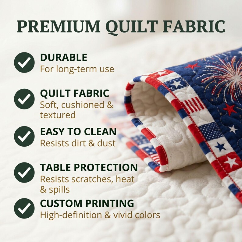 May include: A folded quilt with a patriotic design in red, white, and blue. The quilt features stars and fireworks. The image includes text stating "Premium Quilt Fabric" and highlights features such as durability and custom printing.