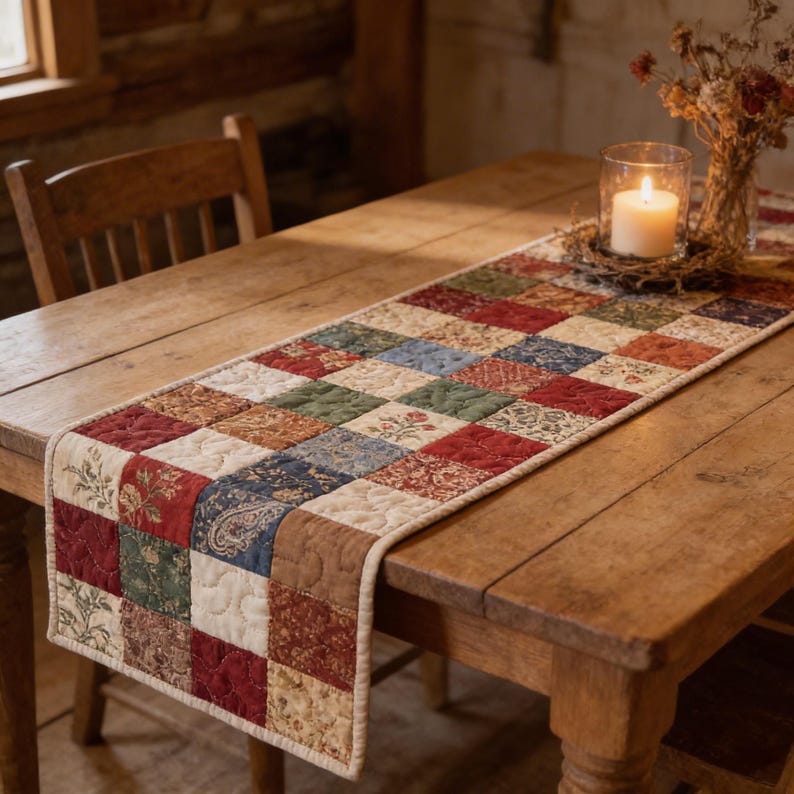 Rustic Patchwork Quilted Table Runner, Country Farmhouse Dining Decor, Vintage Floral Cottage Table Topper, Primitive Style Home Gift image 1