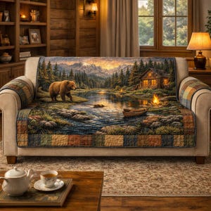 May include: A sofa with a landscape-themed quilt cover featuring a bear, lake, and cabin scene. The quilt has a patchwork border in earth tones. The sofa is in a cozy living room setting with a wooden bookshelf and a lit lamp.