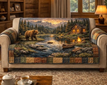 Bear and Cabin Quilted Sofa Cover, Nature-Inspired Couch Protector, Wildlife and Wilderness Throw, Rustic Home Decor