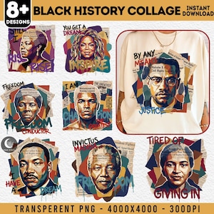 Może przedstawiać: Cyfrowy kolaż przedstawiający portrety wybitnych postaci z historii czarnoskórych, w tym Mayi Angelou, Oprah Winfrey, Harriet Tubman, Muhammada Alego, Malcolma X, Martina Luthera Kinga Jr., Nelsona Mandeli i Rosy Parks. Projekt zawiera tekst i artystyczne nakładki.