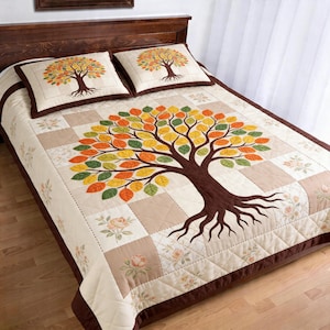 Tree of Life Quilt Bedding Set, Autumn Leaves Patchwork Bedspread, Vintage Nature Quilted Comforter, Rustic Farmhouse Bedroom Decor Gift