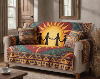 Quilted Sofa Cover Family Silhouette Sun Couch Protector Boho Tribal Pattern Living Room Decor