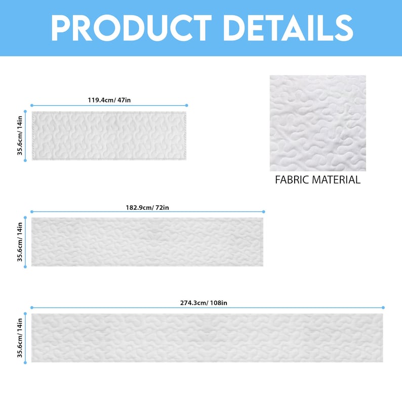 May include: Image displaying product details of a white textured fabric. Three rectangular pieces are shown, measuring 119.4cm, 182.9cm, and 274.3cm in length, and 35.6cm wide. The text "FABRIC MATERIAL" is visible. The image also includes the text "PRODUCT DETAILS".