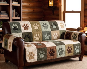 Quilted Sofa Cover Neutral Dog Paw Patchwork Couch Protector Soft Cotton Padded Slipcover Rustic Pet Lover Decor