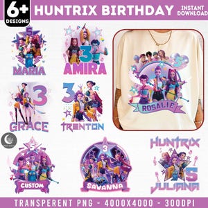 Puede incluir: Una colección de diseños digitales para celebraciones de cumpleaños. Los diseños presentan ilustraciones coloridas de personajes animados, estrellas y texto. Los diseños incluyen los nombres Maria, Amira, Grace, Trenton, Rosalie, Custom, Savanna y Juliana. También está presente el texto "HUNTRIX BIRTHDAY".