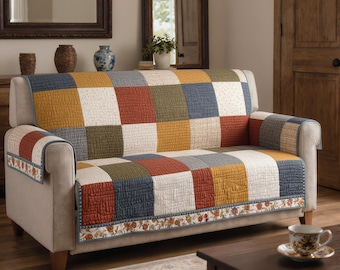 Quilted Sofa Cover Patchwork Neutral Couch Protector Soft Cotton Padded Slipcover Farmhouse Rustic Living Room Decor