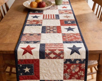 Quilted Patchwork Table Runner, Primitive Patriotic Table Decor, Americana Stars and Stripes Runner, Rustic Fourth of July Kitchen Decor