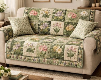 Floral Garden Quilted Sofa Cover, Vintage Couch Protector, Nature-Inspired Throw, Pastel Flower Quilt, Cozy Living Room Decor