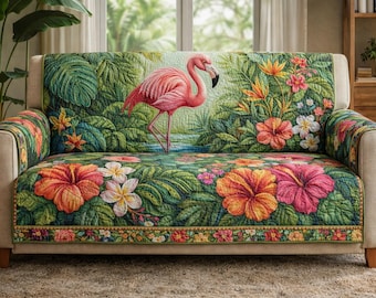 Tropical Flamingo Sofa Cover, Floral Couch Protector, Hibiscus Leaves Quilted Throw, Boho Home Decor, Nature-Inspired Furniture Cover
