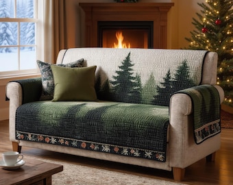 Quilted Sofa Cover Pine Forest Winter Couch Protector Soft Cotton Padded Slipcover Cozy Cabin Christmas Decor