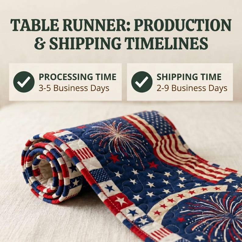 May include: Rolled-up table runner with a patriotic design, featuring the American flag, fireworks, and stars. The runner is predominantly blue, red, and white, with a quilted texture. The text at the top reads "TABLE RUNNER: PRODUCTION & SHIPPING TIMELINES."
