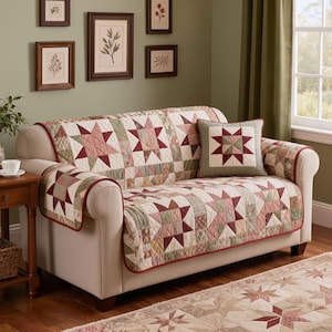 Funda acolchada para sofá con diseño de estrellas y patchwork. Protector de sofá de algodón suave. Funda acolchada de estilo rústico de granja.