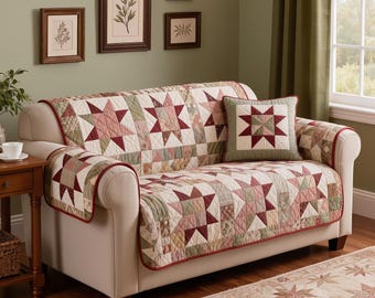 Quilted Sofa Cover Star Patchwork Couch Protector Soft Cotton Padded Slipcover Farmhouse Rustic Quilted Decor