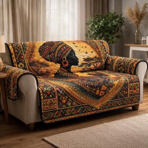 African Woman Sofa Cover Quilt, Afrocentric Couch Protector, Tribal Pattern Settee Throw, Ethnic Home Decor, Quilted Furniture Cover Gift