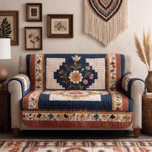 May include: A navy blue and cream quilted sofa cover with a floral design. The cover features a central floral medallion and borders with floral and leaf patterns in shades of red, orange, and yellow. The sofa is beige.