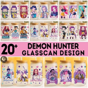 May include: A collection of glass cans with bamboo lids and straws, featuring colorful anime-style character designs. The designs include various characters with text such as "Zoey", "Rumi", and "Mira". The text "Demon Hunter Glasscan Design" is also visible.