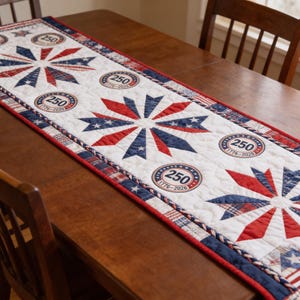 Puede incluir: Un camino de mesa patriótico con fondo blanco, con diseños de estrellas rojas y azules y emblemas circulares con el número "250" y los años "1776-2026". El camino de mesa tiene un borde rojo y azul.