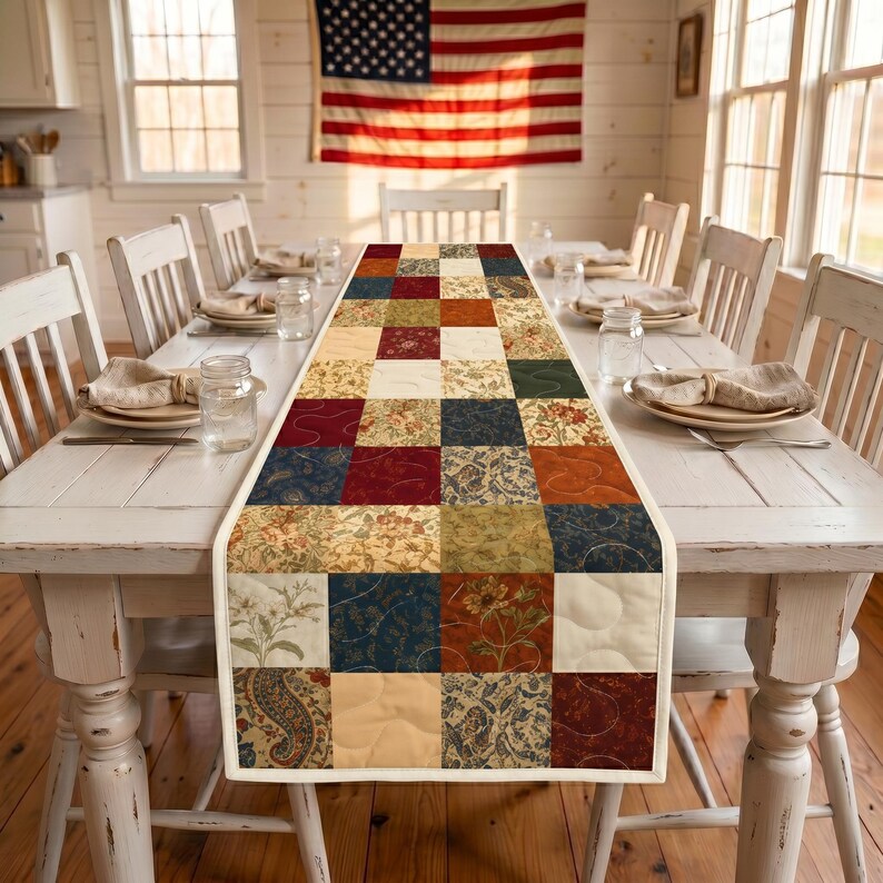 May include: A patchwork table runner in shades of red, blue, beige, and green, placed on a white wooden dining table. The runner's design is made up of squares. An American flag hangs in the background.