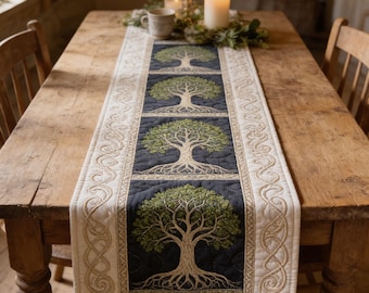 Tree of Life Quilted Table Runner, Celtic Nature Dining Decor, Sacred Oak Tree Table Topper, Mystical Forest Farmhouse Home Gift