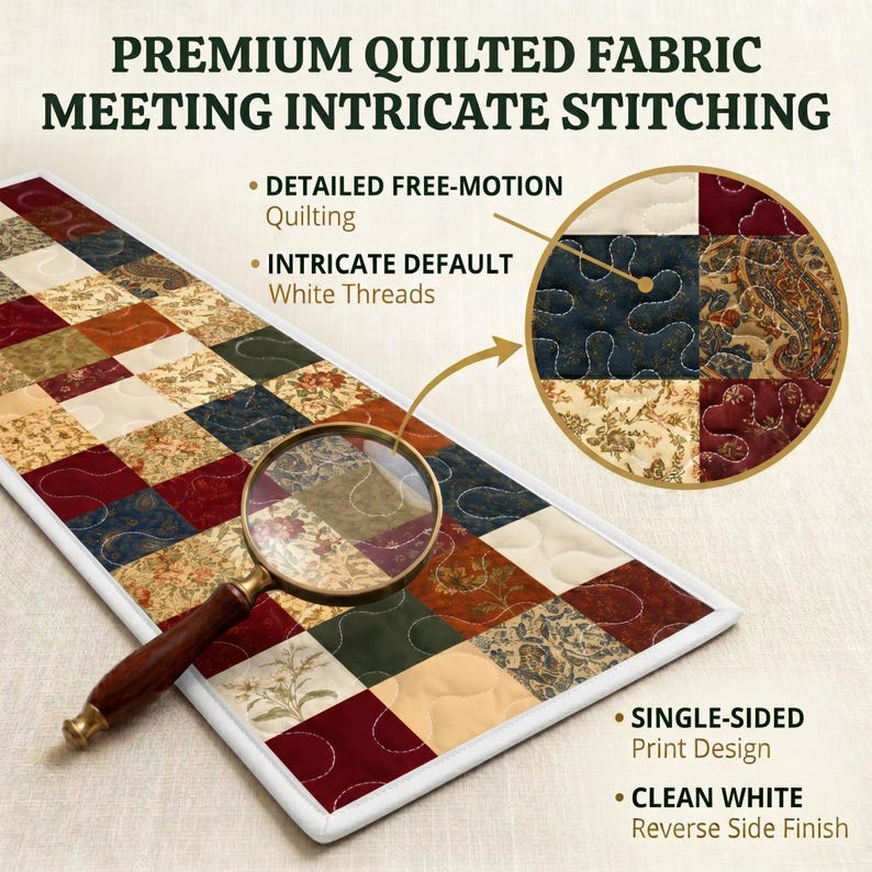 May include: A patchwork table runner with a variety of colours, including red, green, and beige. The runner has intricate stitching and the text "PREMIUM QUILTED FABRIC MEETING INTRICATE STITCHING". The runner is rectangular.