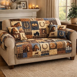 May include: A beige sofa with a patchwork quilt and two matching throw pillows. The quilt and pillows feature horse and horseshoe motifs in shades of brown, blue, and tan. The sofa is set on a neutral-colored rug.