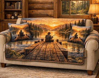 Fishing at Sunset Quilted Sofa Cover, Rustic Couch Protector, Nature-Inspired Home Decor, Outdoor Mountain Landscape Throw, Lake View Couch
