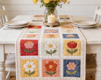 Floral Quilted Table Runner, Spring Flower Patchwork Table Decor, Colorful Cottagecore Dining Decor, Embroidered Look Floral Table Runner