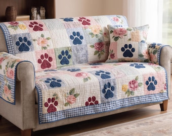Quilted Sofa Cover Dog Paw Floral Patchwork Couch Protector Soft Cotton Slipcover Cottage Style Pet Lover Decor