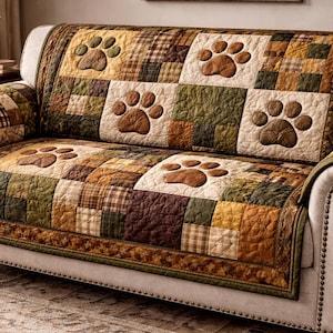 Könnte beinhalten: Ein Patchwork-Sofabezug mit Pfotenabdrücken. Der Bezug weist eine Vielzahl von Stoffen in Erdtönen in Quadraten und Rechtecken auf. Braune Pfotenabdrücke sind auf den Bezug gestickt. Das Sofa hat einen hellen Stoff mit dekorativen Ziernägeln.