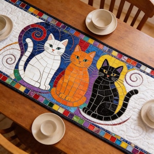 Mosaic Cat Table Runner, Colorful Quilted Kitty Table Decor,Stained Glass Style Cat Lover Gift,Art Deco Animal Dining Topper, Handmade Decor