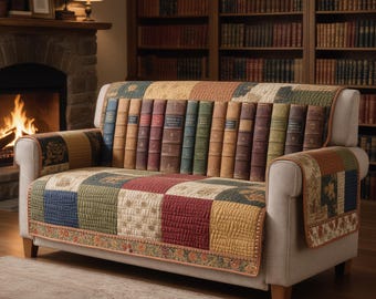 Quilted Sofa Cover Vintage Book Spines Couch Protector Library Cozy Home Decor