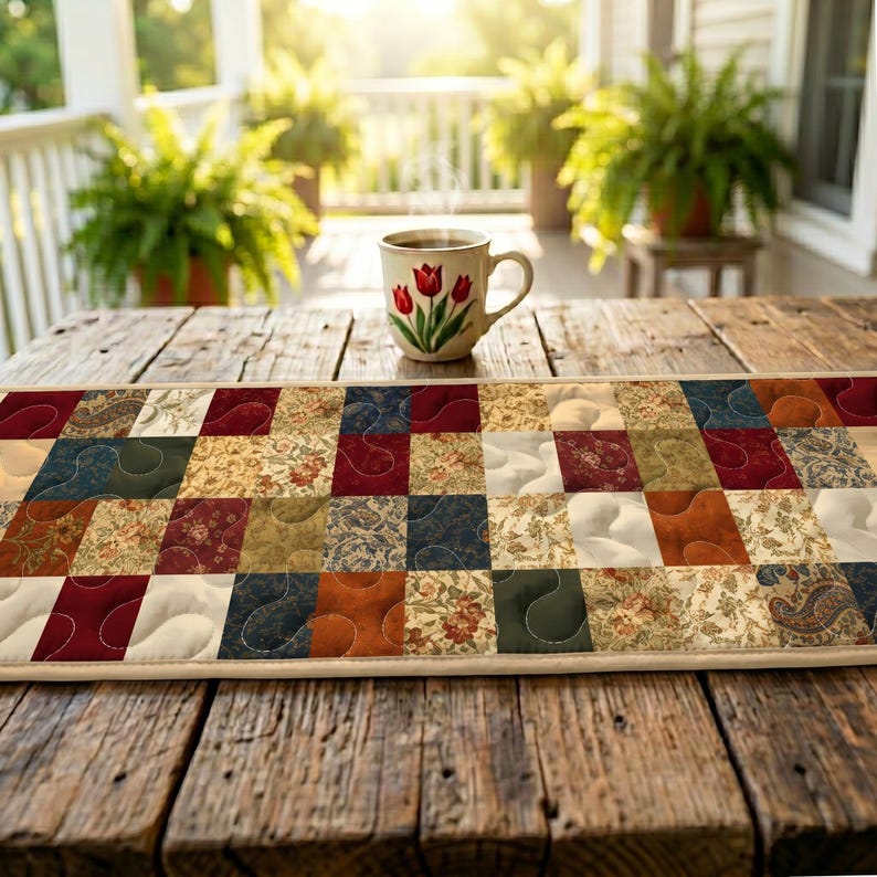 May include: A patchwork table runner in shades of red, blue, beige, and brown. A coffee mug with a floral design sits on a wooden table. The scene is set on a porch with ferns in the background.