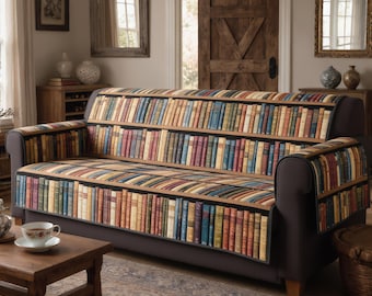 Quilted Sofa Cover Vintage Bookshelf Couch Protector Soft Cotton Padded Slipcover Library Book Lover Decor