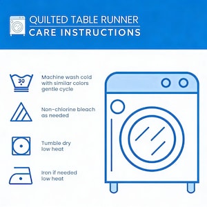 May include: A blue and white graphic detailing care instructions for a quilted table runner. Instructions include washing at 30 degrees, non-chlorine bleach, tumble dry low heat, and iron if needed on low heat.